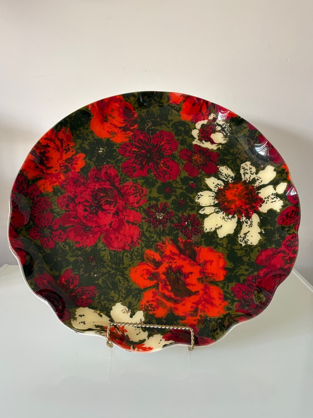 Large Retro Floral Ruffled “Fab” Poly Tray Platter Retro Grandma Made in Canada